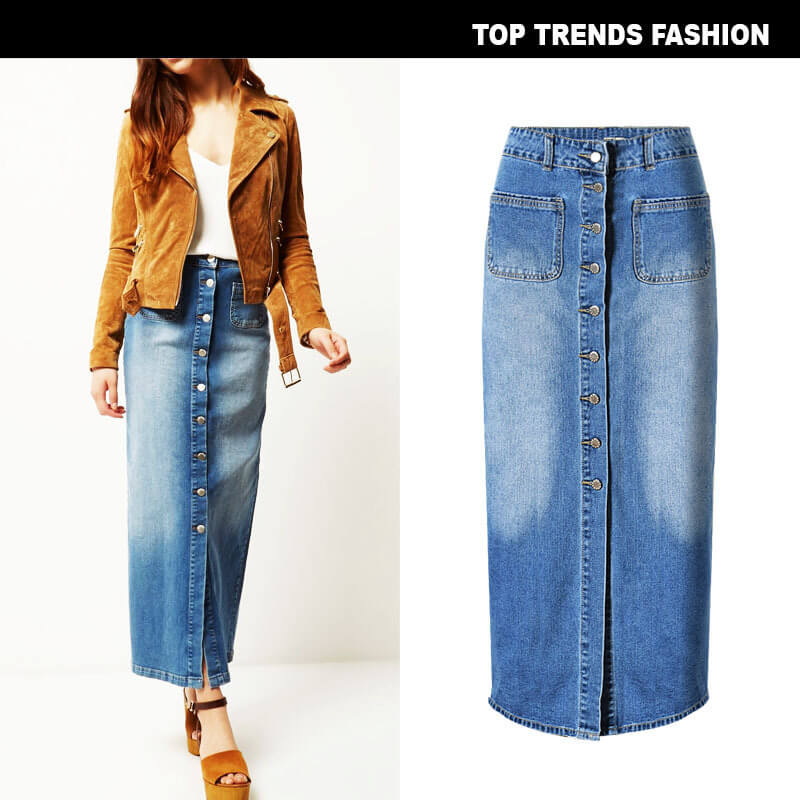 Women's Slim Fit Style Middle-length Denim Skirt With Front Slit