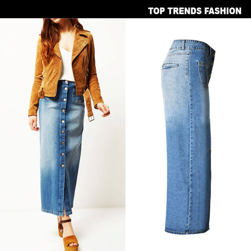 Women's Slim Fit Style Middle-length Denim Skirt With Front Slit