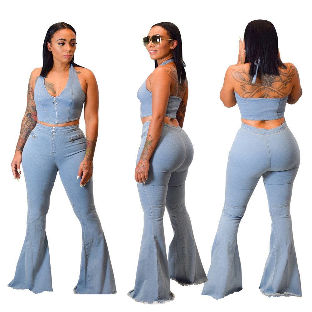 Womens Button Zipper Jeans Denim Flares Sexy Set Tops Pants Suit