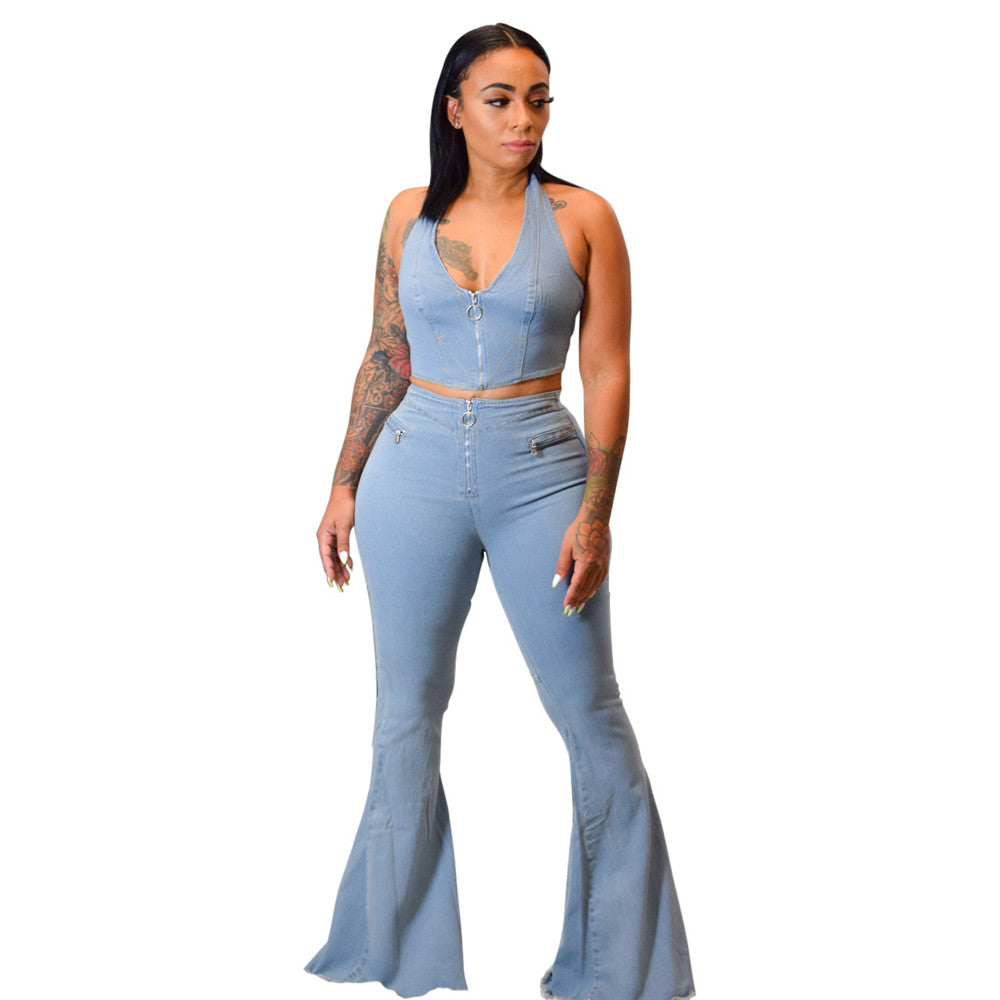 Womens Button Zipper Jeans Denim Flares Sexy Set Tops Pants Suit