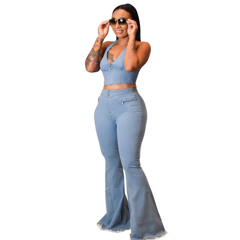 Womens Button Zipper Jeans Denim Flares Sexy Set Tops Pants Suit