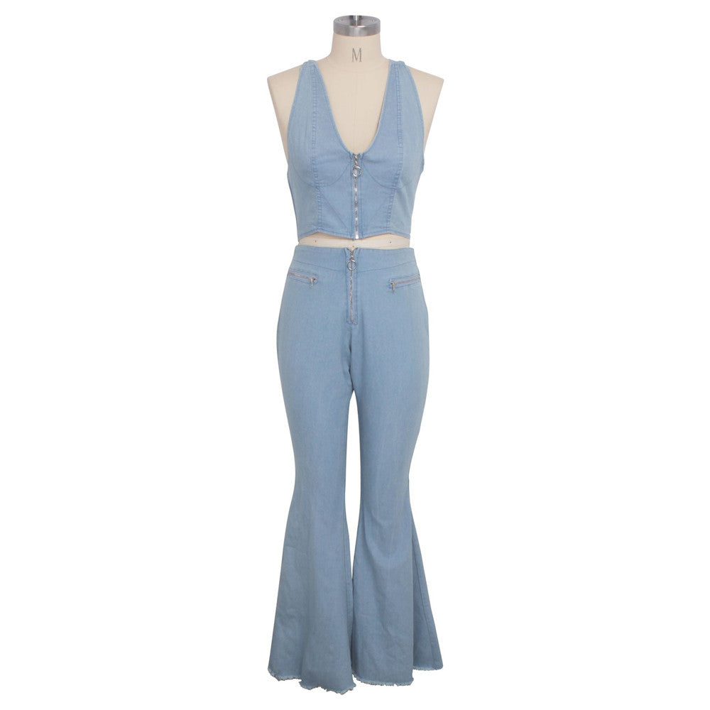 Womens Button Zipper Jeans Denim Flares Sexy Set Tops Pants Suit