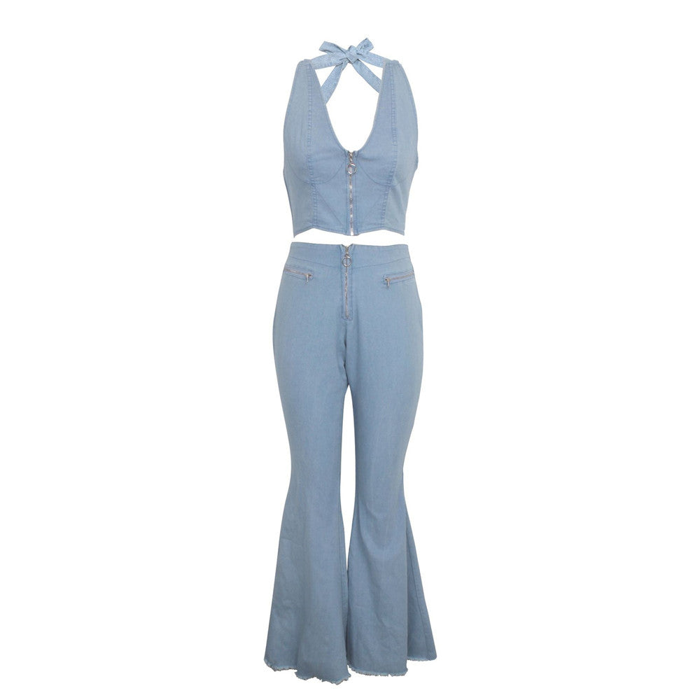 Womens Button Zipper Jeans Denim Flares Sexy Set Tops Pants Suit