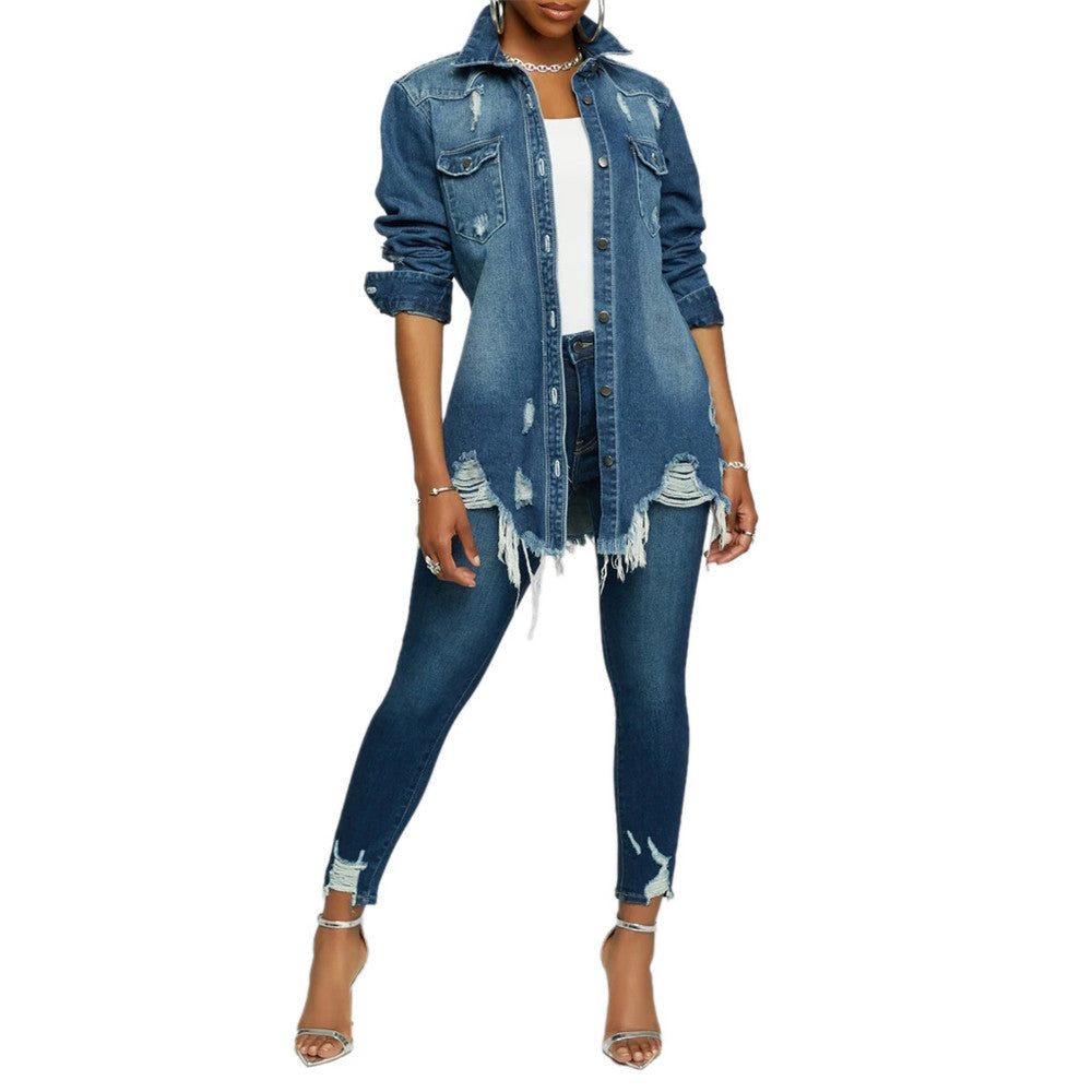 Women's Distressed Autumn Loose Long Denim Jean Trucker Jacket