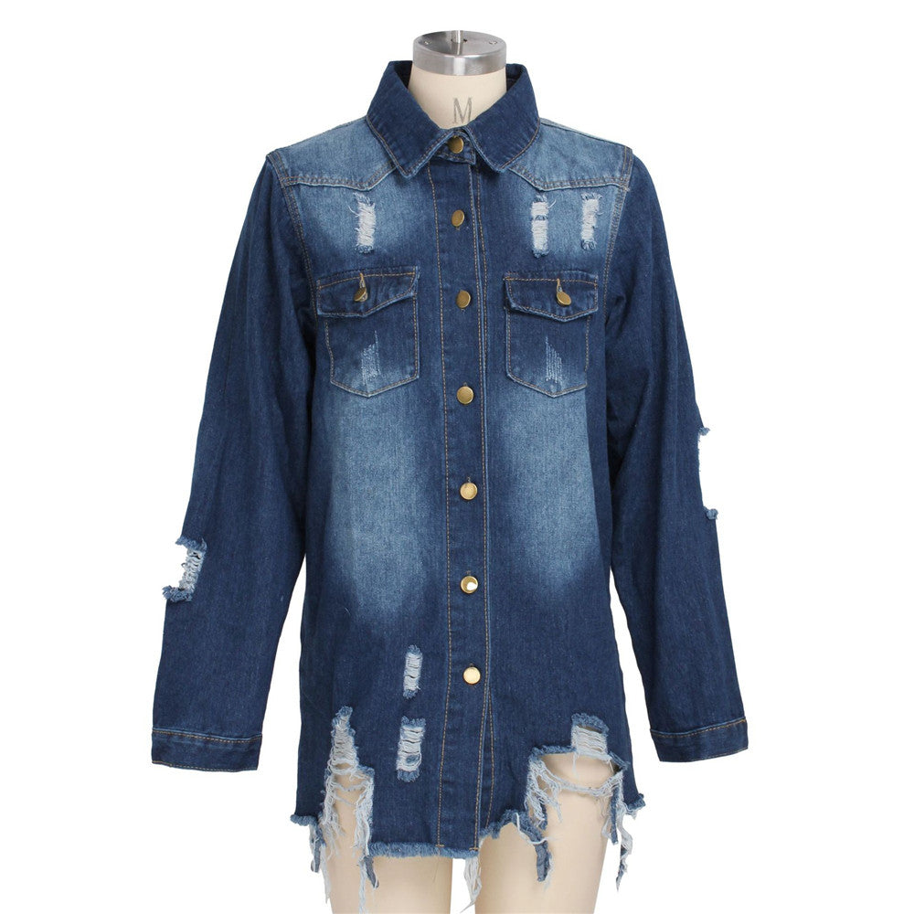 Women's Distressed Autumn Loose Long Denim Jean Trucker Jacket