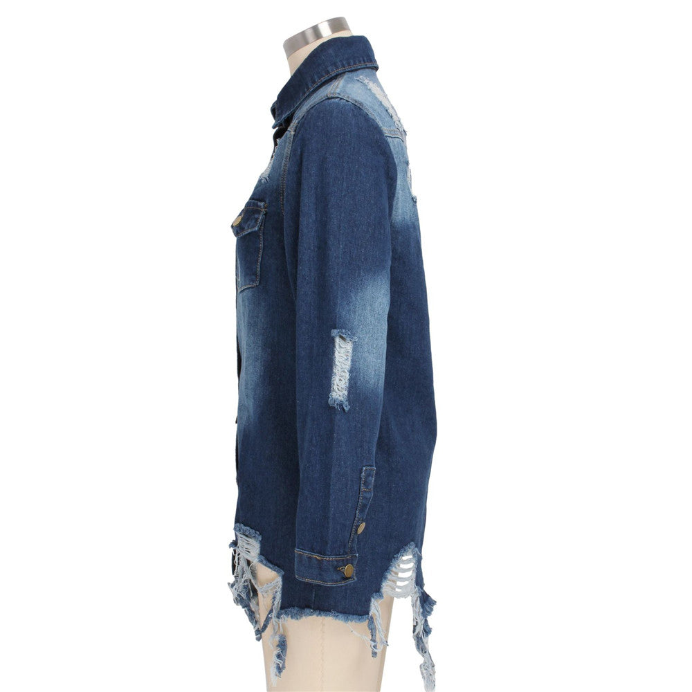 Women's Distressed Autumn Loose Long Denim Jean Trucker Jacket