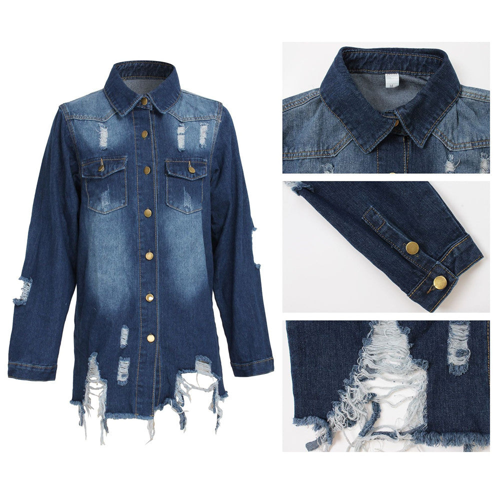 Women's Distressed Autumn Loose Long Denim Jean Trucker Jacket