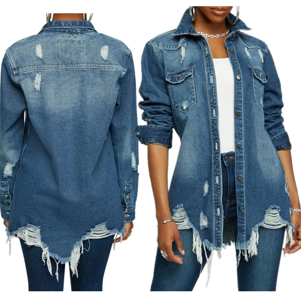 Women's Distressed Autumn Loose Long Denim Jean Trucker Jacket