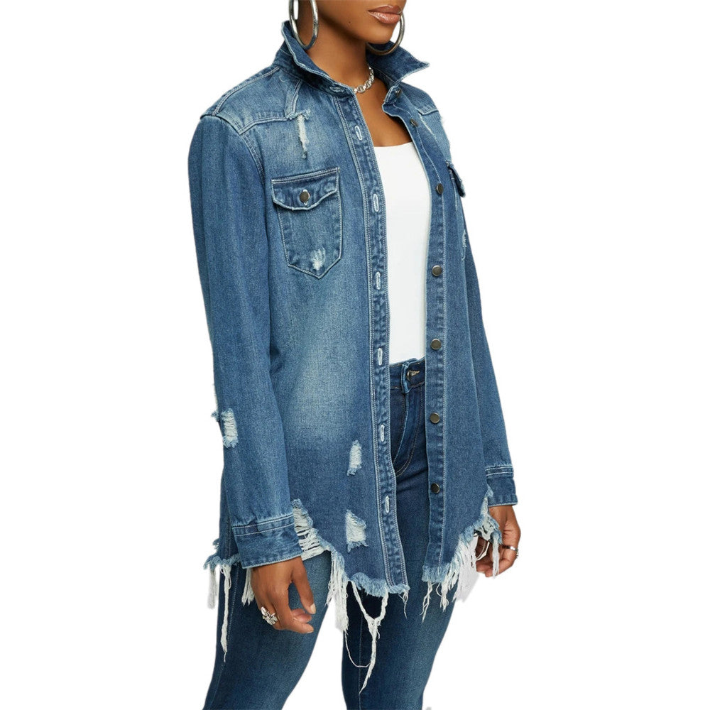 Women's Distressed Autumn Loose Long Denim Jean Trucker Jacket