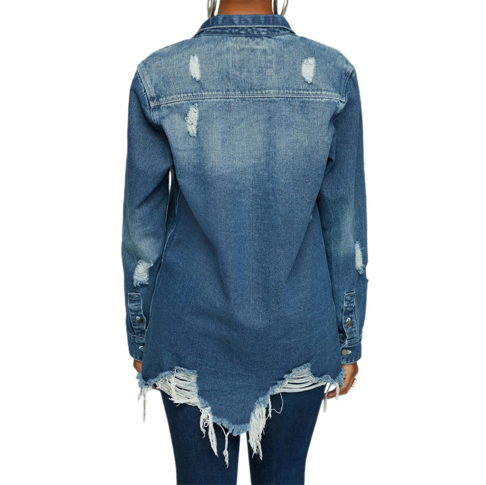 Women's Distressed Autumn Loose Long Denim Jean Trucker Jacket