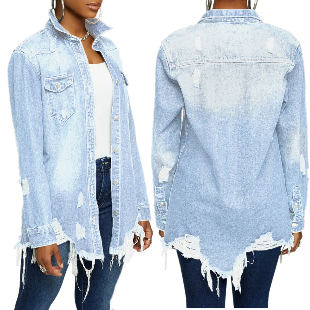 Women's Distressed Autumn Loose Long Denim Jean Trucker Jacket