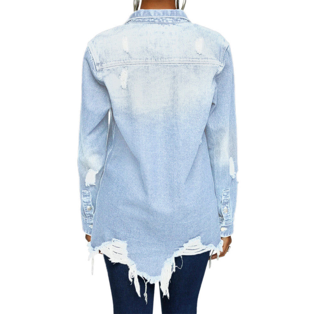 Women's Distressed Autumn Loose Long Denim Jean Trucker Jacket