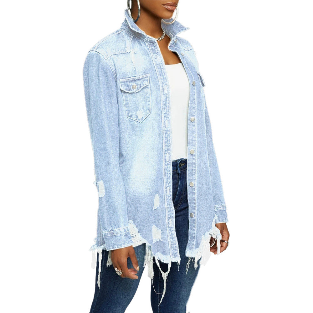 Women's Distressed Autumn Loose Long Denim Jean Trucker Jacket