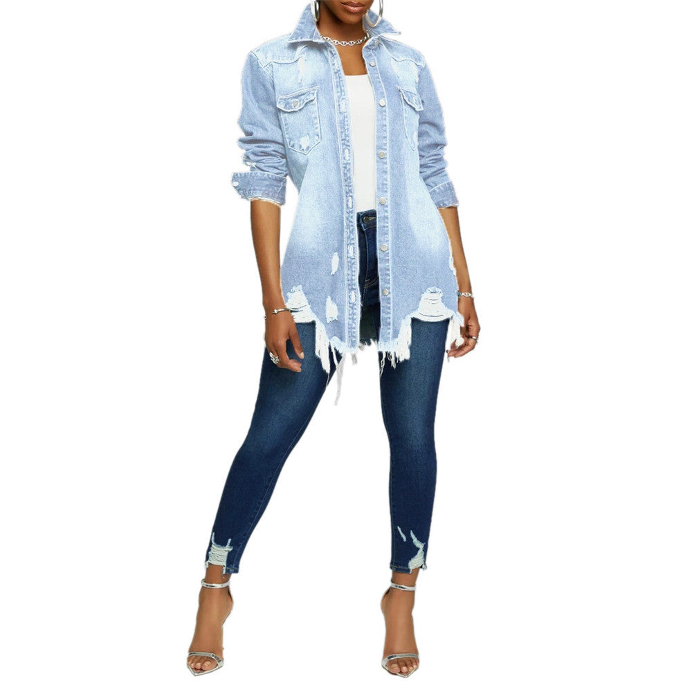 Women's Distressed Autumn Loose Long Denim Jean Trucker Jacket