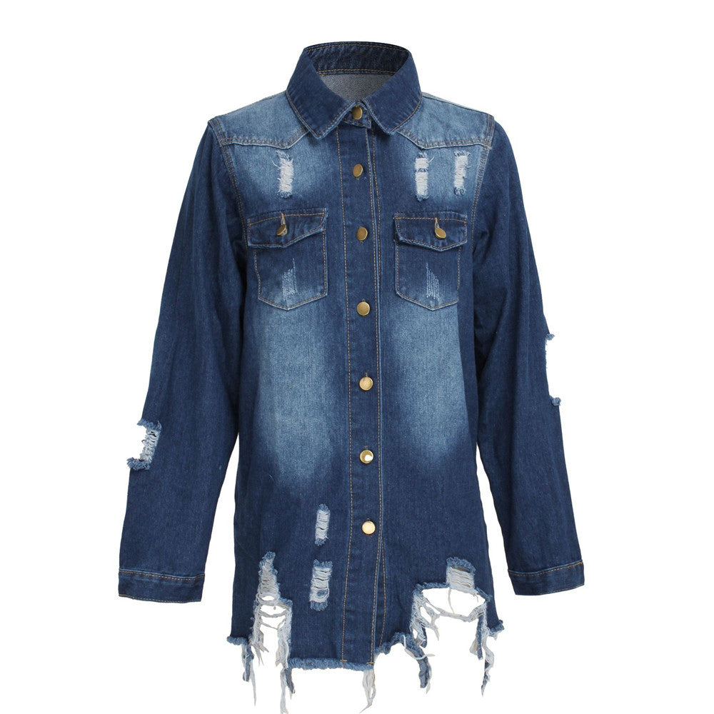 Women's Distressed Autumn Loose Long Denim Jean Trucker Jacket