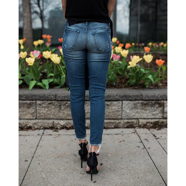 Women's Ripped Jeans Pencil Pants Mid Waist Skinny Denim Trousers