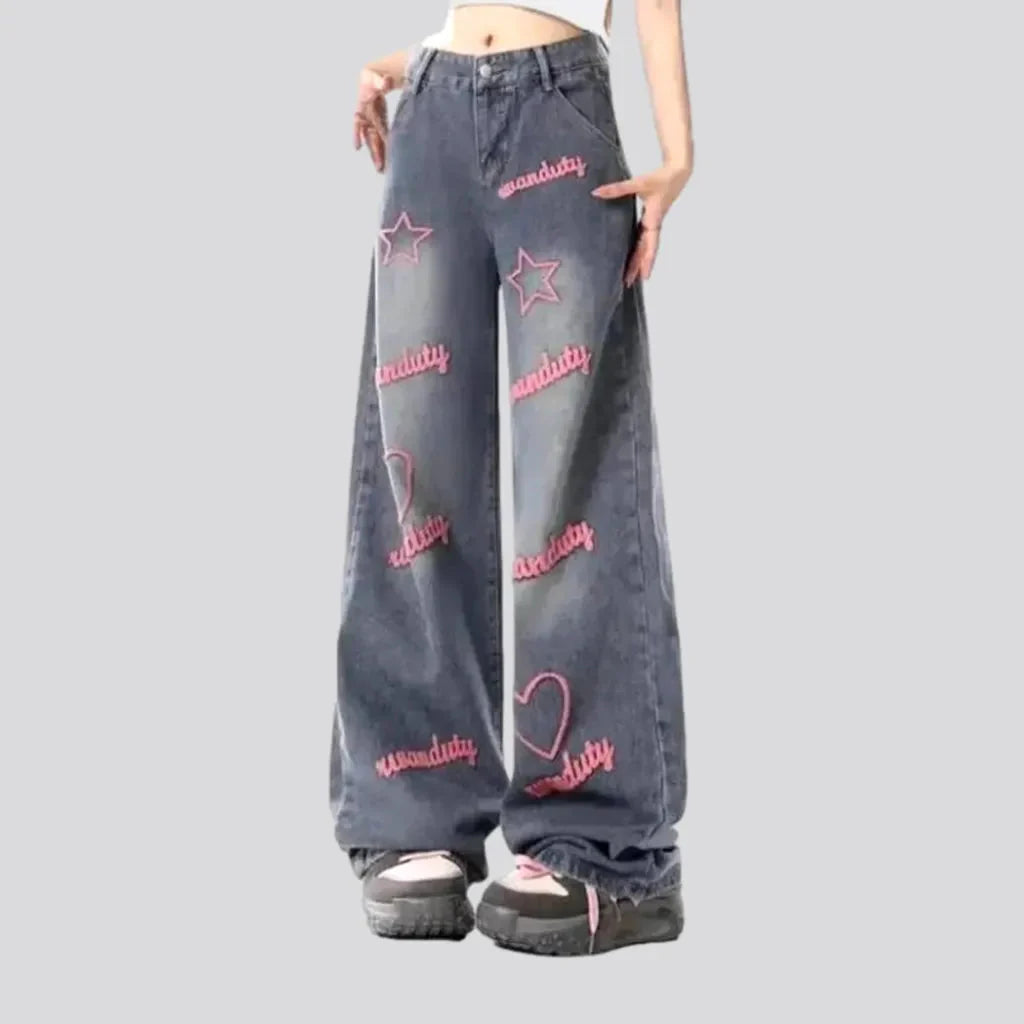 Y2k pink-embroidery jeans for women