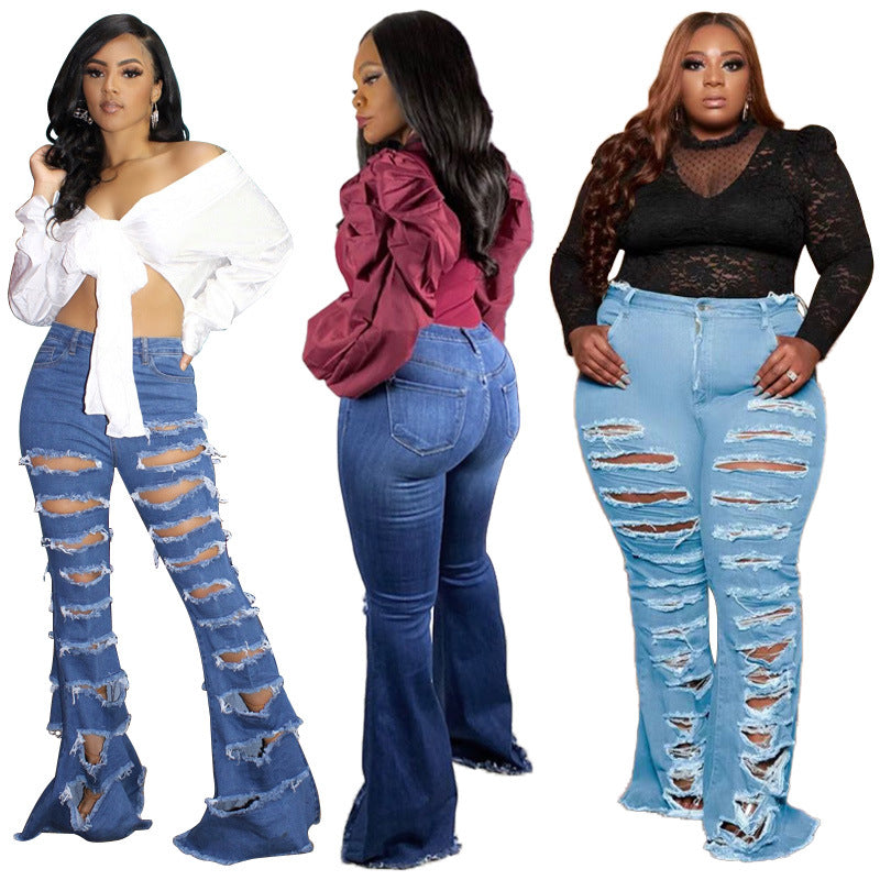 Young Plus Size Women's Ripped Stylish Flare Trousers Jeans