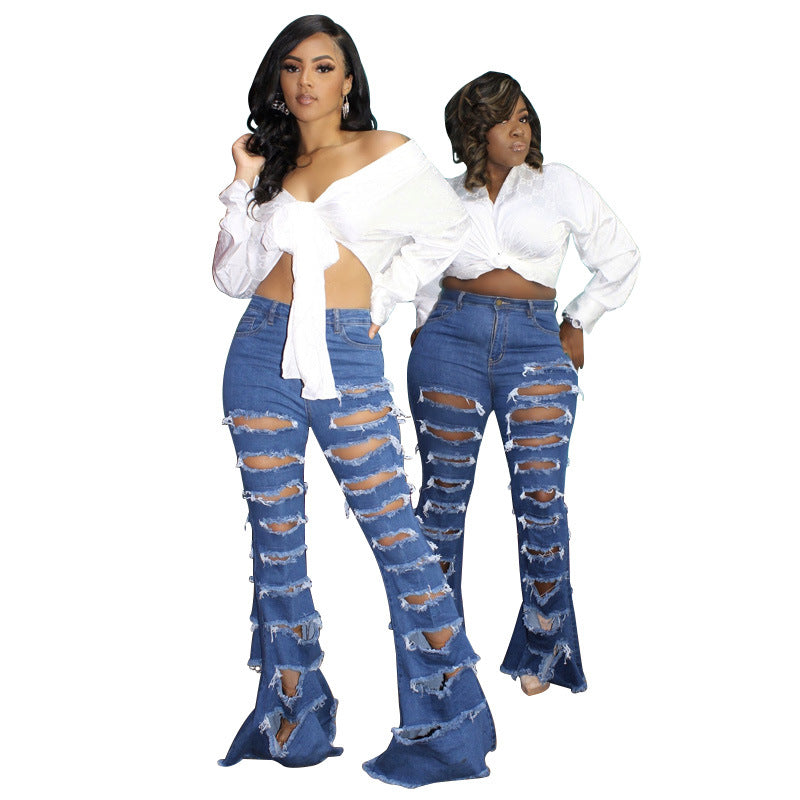 Young Plus Size Women's Ripped Stylish Flare Trousers Jeans