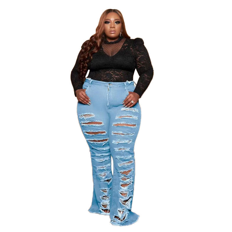 Young Plus Size Women's Ripped Stylish Flare Trousers Jeans