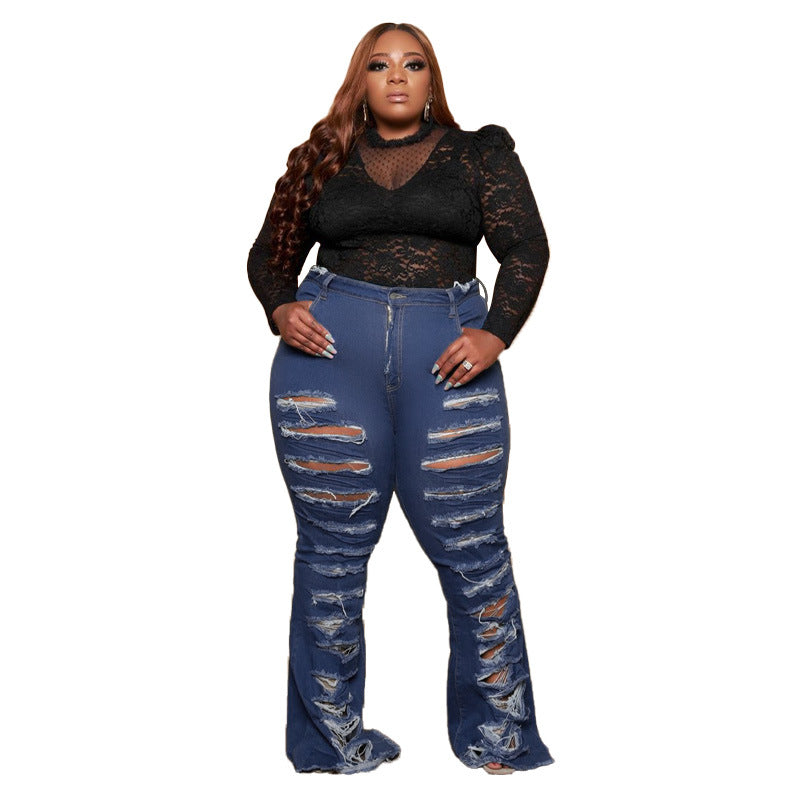 Young Plus Size Women's Ripped Stylish Flare Trousers Jeans