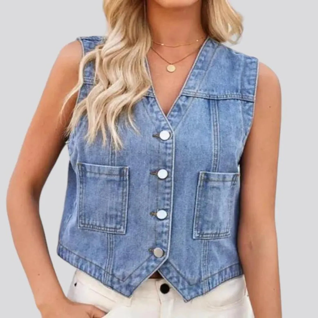 V-neck regular jean vest for ladies