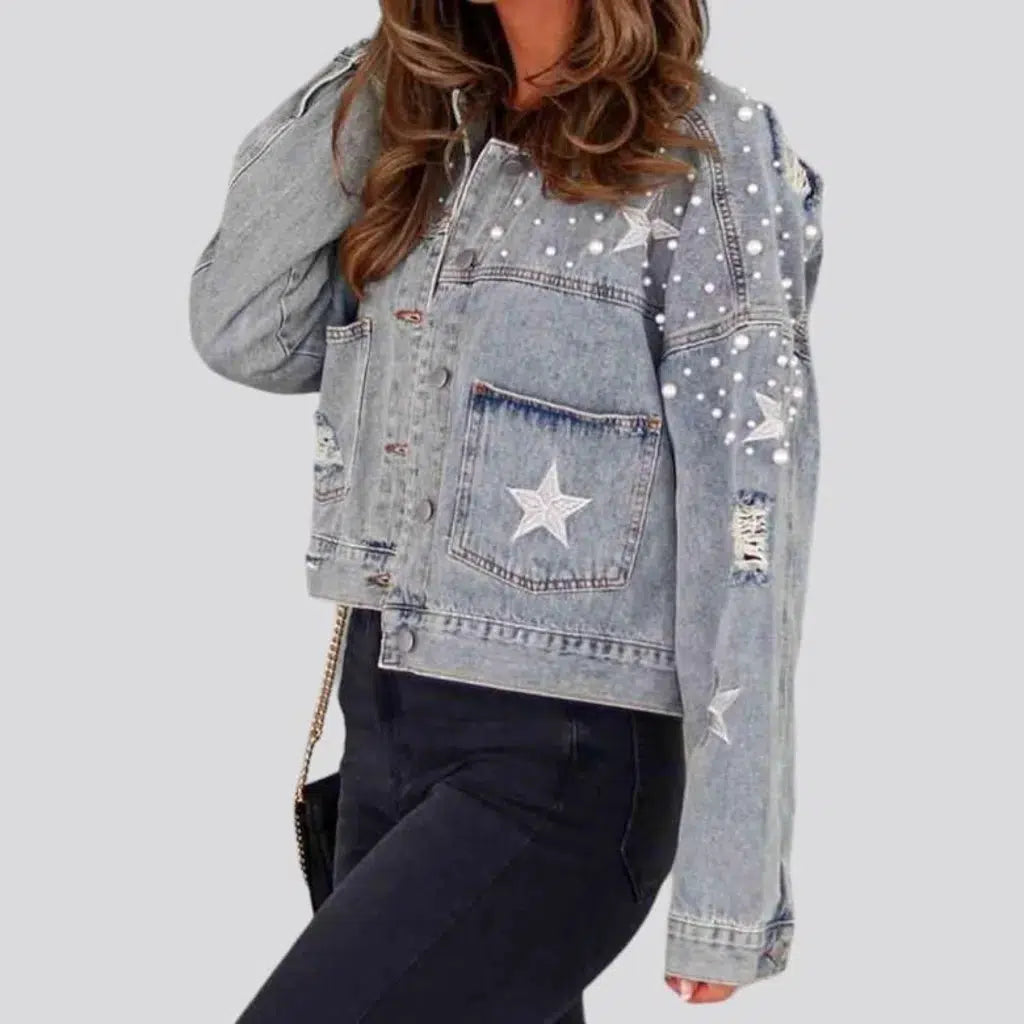 Y2k pearl denim jacket for ladies