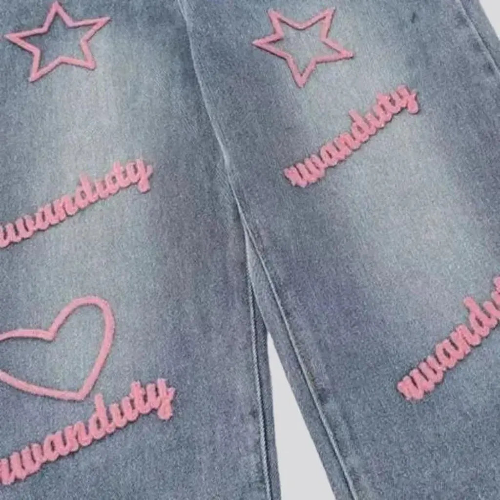 Y2k pink-embroidery jeans for women