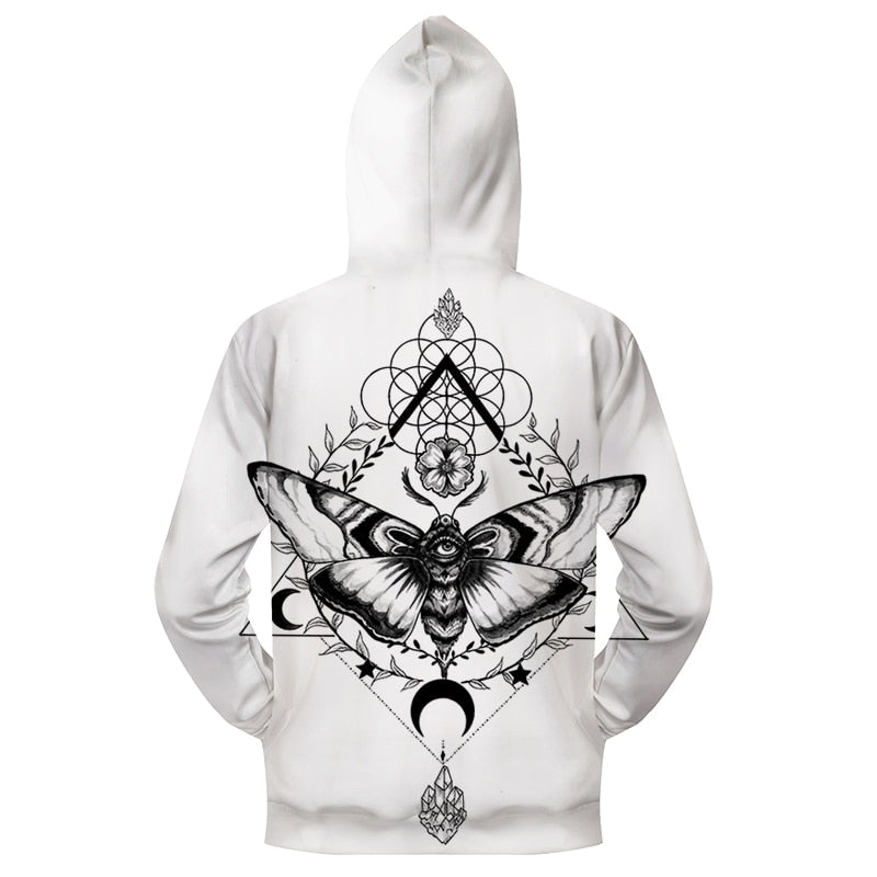 White & Black Moth Zip-up Hoodie