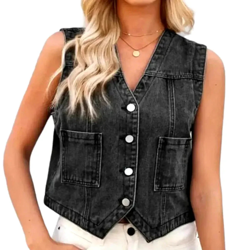 V-neck regular jean vest for ladies